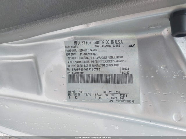 2001 Ford Mustang მანქანა იყიდება აუქციონზე, vin: 1FAFP40401F160786, აუქციონის ნომერი: 46263389