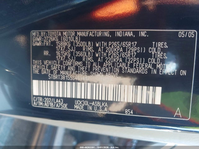 2005 Toyota Tundra Limited V8 მანქანა იყიდება აუქციონზე, vin: 5TBRT38155S469417, აუქციონის ნომერი: 46263391