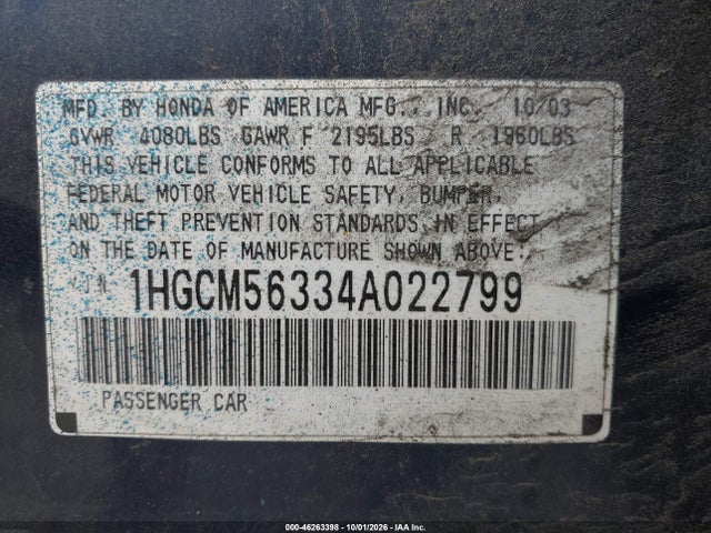 2004 Honda Accord 2.4 Lx მანქანა იყიდება აუქციონზე, vin: 1HGCM56334A022799, აუქციონის ნომერი: 46263398