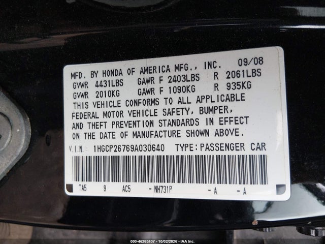 Продаж на аукціоні авто 2009 Honda Accord 2.4 Ex, vin: 1HGCP26769A030640, номер лоту: 46263407