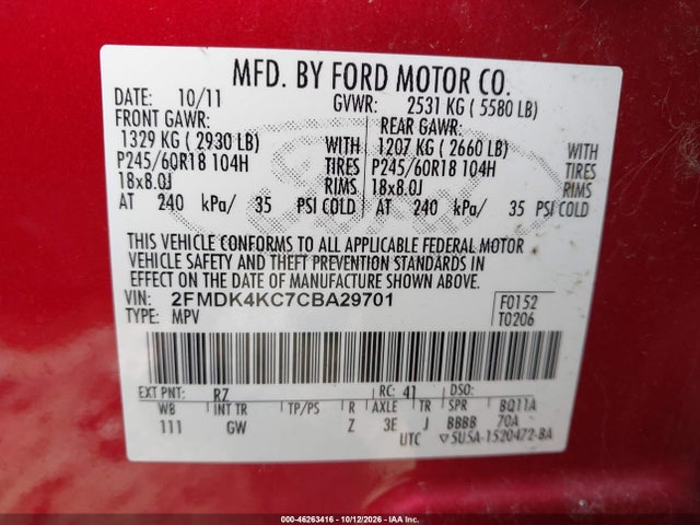 Продаж на аукціоні авто 2012 Ford Edge Limited, vin: 2FMDK4KC7CBA29701, номер лоту: 46263416