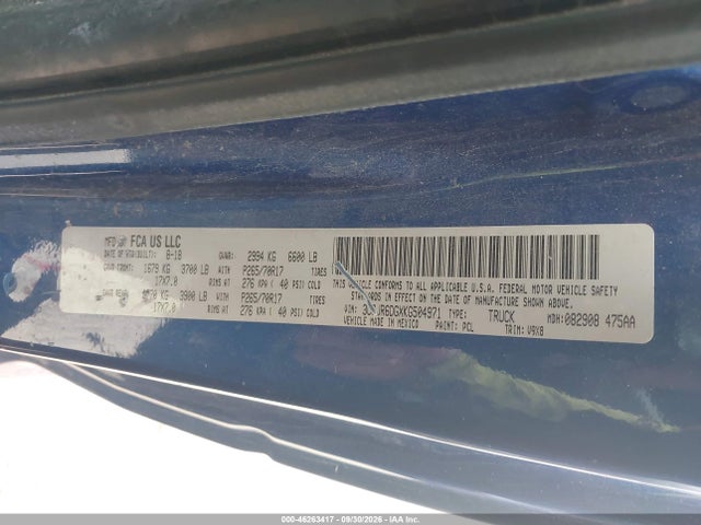 46263417 :رقم المزاد ، 3C6JR6DGXKG504971 vin ، 2019 Ram 1500 Classic Tradesman  4x2 8' Box مزاد بيع