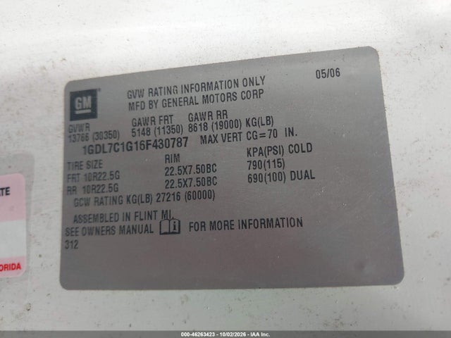 Aukcja sprzedaży 2006 Gmc C7500 C7c042, vin: 1GDL7C1G16F430787, numer aukcji: 46263423
