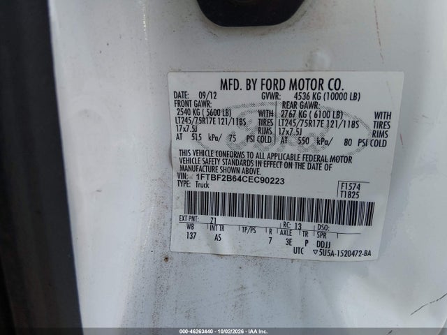 Продаж на аукціоні авто 2012 Ford F-250 Xl, vin: 1FTBF2B64CEC90223, номер лоту: 46263440