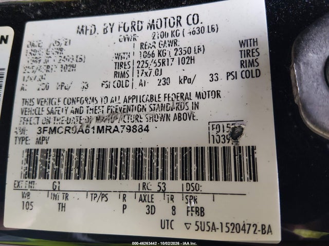2021 Ford Bronco Sport მანქანა იყიდება აუქციონზე, vin: 3FMCR9A61MRA79884, აუქციონის ნომერი: 46263442