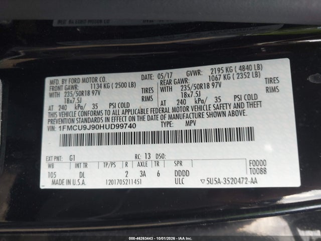 Продажа на аукционе авто 2017 Ford Escape Titanium, vin: 1FMCU9J90HUD99740, номер лота: 46263443