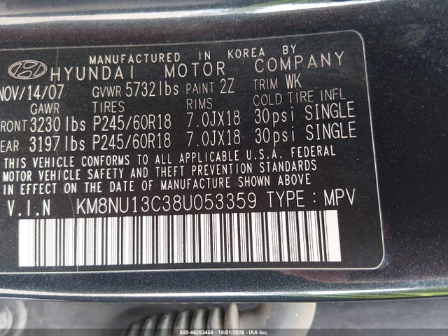 Aukcja sprzedaży 2008 Hyundai Veracruz Gls/limited/se, vin: KM8NU13C38U053359, numer aukcji: 46263456