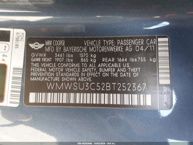46263460 :رقم المزاد ، WMWSU3C52BT252367 vin ، 2011 Mini Cooper مزاد بيع