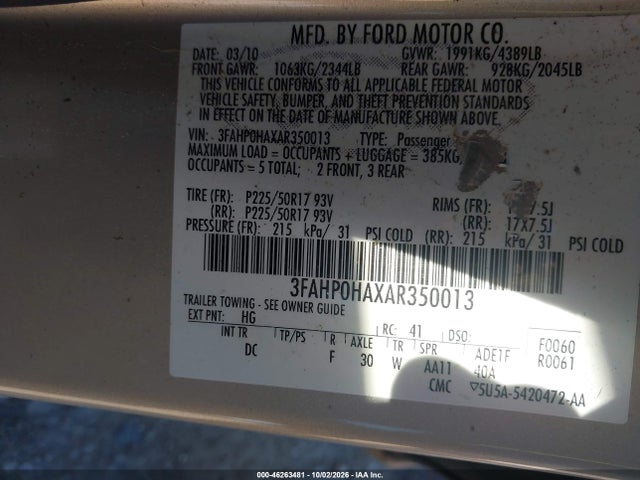 Auction sale of the 2010 Ford Fusion Se, vin: 3FAHP0HAXAR350013, lot number: 46263481