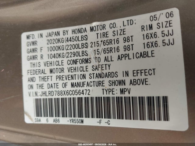46263497 :رقم المزاد ، JHLRD788X6C056472 vin ، 2006 Honda Cr-v Ex مزاد بيع