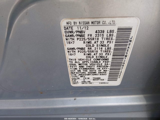 46263504 :رقم المزاد ، JN8AS5MT2DW014960 vin ، 2013 Nissan Rogue Sv W/sl Pkg مزاد بيع
