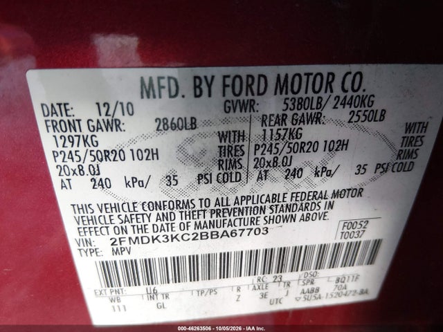 Продажа на аукционе авто 2011 Ford Edge Limited, vin: 2FMDK3KC2BBA67703, номер лота: 46263506