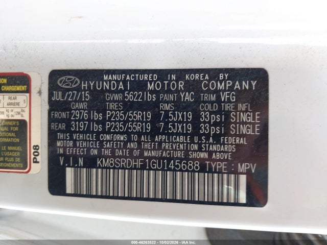 KM8SRDHF1GU145688 Hyundai Santa Fe Se