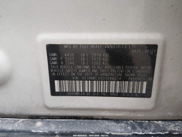 2013 Subaru Legacy 2.5i Premium მანქანა იყიდება აუქციონზე, vin: 4S3BMBC68D3046074, აუქციონის ნომერი: 46263525