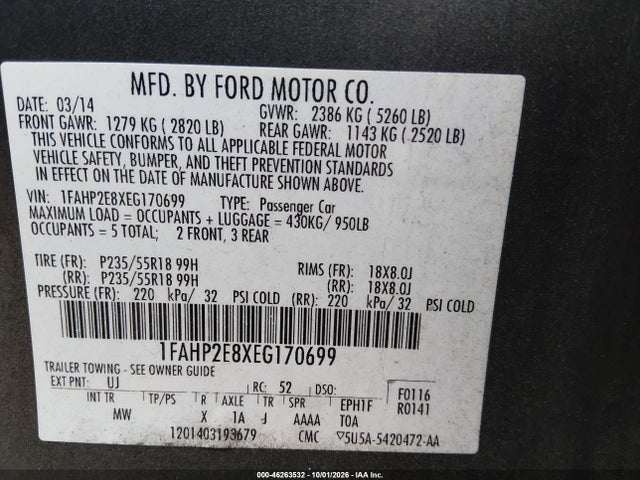 Aukcja sprzedaży 2014 Ford Taurus Sel, vin: 1FAHP2E8XEG170699, numer aukcji: 46263532