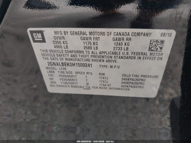 Aukcja sprzedaży 2017 Chevrolet Equinox Ls, vin: 2GNALBEK0H1509241, numer aukcji: 46263538