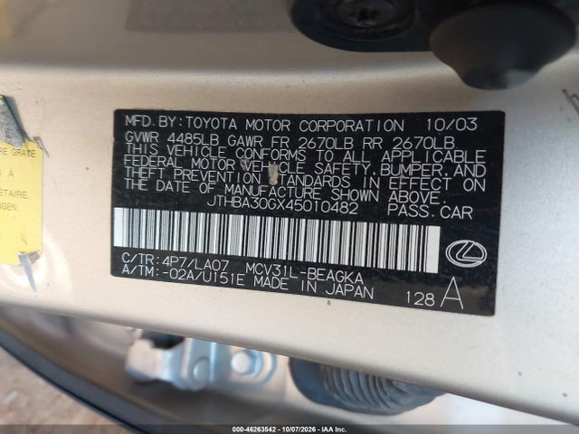 46263542 :رقم المزاد ، JTHBA30GX45010482 vin ، 2004 Lexus Es 330 مزاد بيع