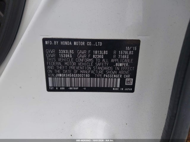 2016 Honda Fit Lx მანქანა იყიდება აუქციონზე, vin: JHMGK5H56GX002180, აუქციონის ნომერი: 46263543