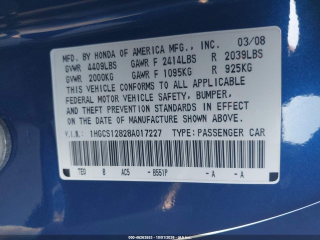 Продажа на аукционе авто 2008 Honda Accord 2.4 Ex-l, vin: 1HGCS12828A017227, номер лота: 46263553