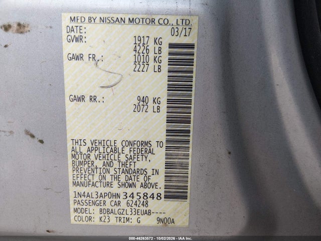 Продаж на аукціоні авто 2017 Nissan Altima 2.5 S, vin: 1N4AL3AP0HN345848, номер лоту: 46263572