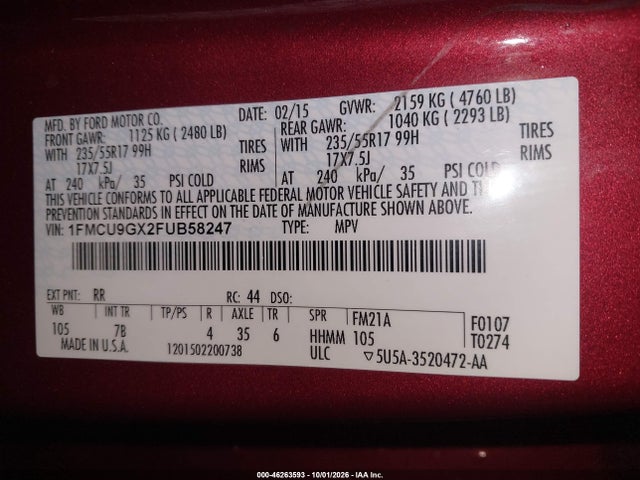 46263593 :رقم المزاد ، 1FMCU9GX2FUB58247 vin ، 2015 Ford Escape Se مزاد بيع