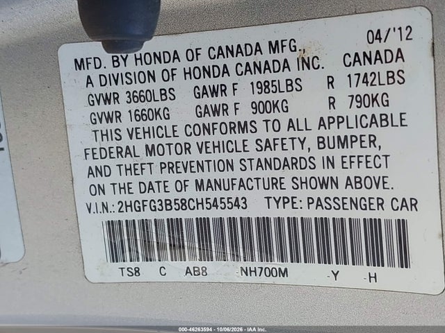 Продаж на аукціоні авто 2012 Honda Civic Lx, vin: 2HGFG3B58CH545543, номер лоту: 46263594
