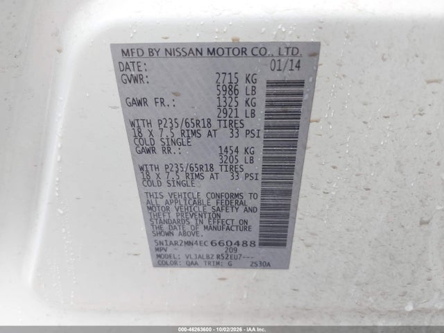 Продажа на аукционе авто 2014 Nissan Pathfinder Platinum/s/sl/sv, vin: 5N1AR2MN4EC660488, номер лота: 46263600