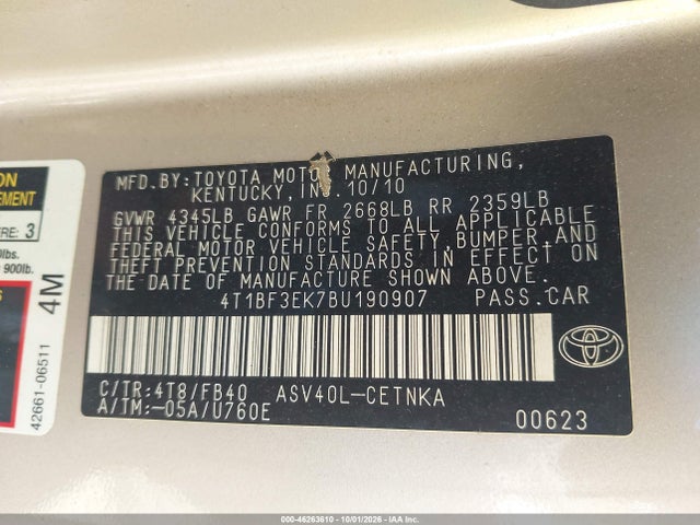 Продажа на аукционе авто 2011 Toyota Camry, vin: 4T1BF3EK7BU190907, номер лота: 46263610