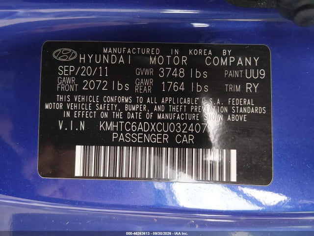 Продаж на аукціоні авто 2012 Hyundai Veloster Base W/black, vin: KMHTC6ADXCU032407, номер лоту: 46263613