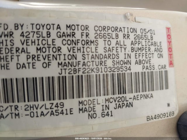 46263623 :رقم المزاد ، JT2BF22K910329534 vin ، 2001 Toyota Camry Le V6 مزاد بيع