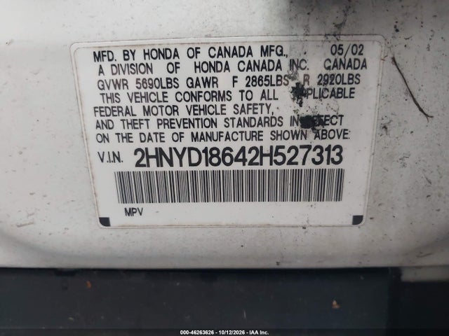 2002 Acura Mdx მანქანა იყიდება აუქციონზე, vin: 2HNYD18642H527313, აუქციონის ნომერი: 46263626
