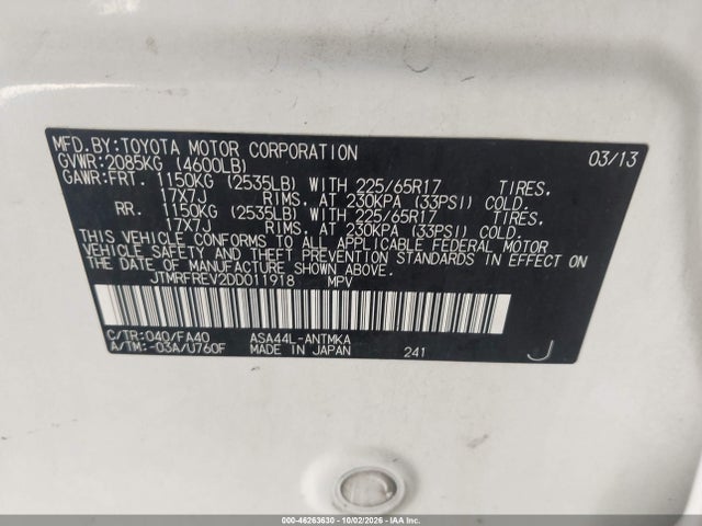 46263630 :رقم المزاد ، JTMRFREV2DD011918 vin ، 2013 Toyota Rav4 Xle مزاد بيع