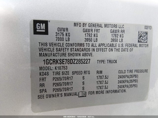 Aukcja sprzedaży 2013 Chevrolet Silverado 1500 Lt, vin: 1GCRKSE78DZ285227, numer aukcji: 46263644