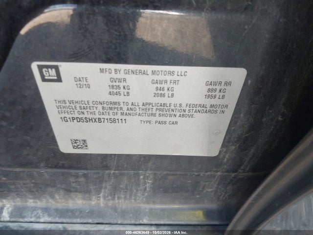 2011 Chevrolet Cruze Ls მანქანა იყიდება აუქციონზე, vin: 1G1PD5SHXB7158111, აუქციონის ნომერი: 46263649