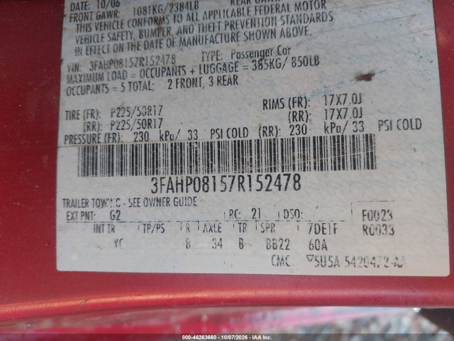 46263660 :رقم المزاد ، 3FAHP08157R152478 vin ، 2007 Ford Fusion Sel مزاد بيع