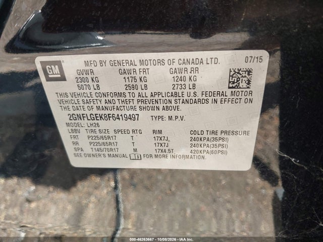 46263667 :رقم المزاد ، 2GNFLGEK8F6419497 vin ، 2015 Chevrolet Equinox 2lt مزاد بيع