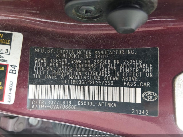 Продажа на аукционе авто 2008 Toyota Avalon Touring, vin: 4T1BK36B18U257259, номер лота: 46263669