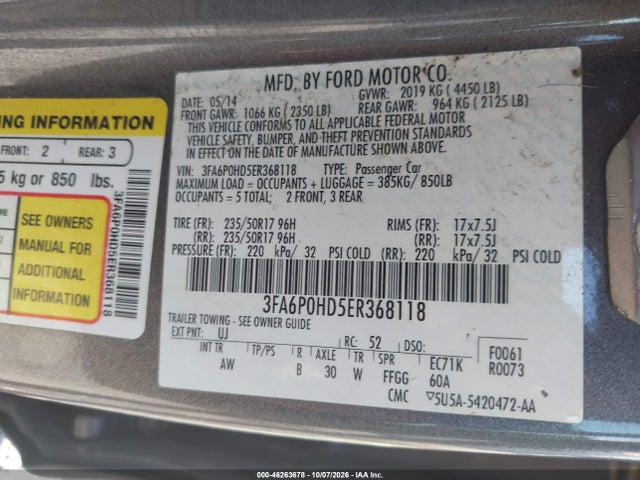 46263678 :رقم المزاد ، 3FA6P0HD5ER368118 vin ، 2014 Ford Fusion Se مزاد بيع