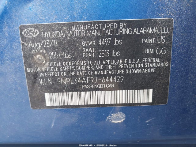 Aukcja sprzedaży 2018 Hyundai Sonata Sel, vin: 5NPE34AF9JH644429, numer aukcji: 46263681