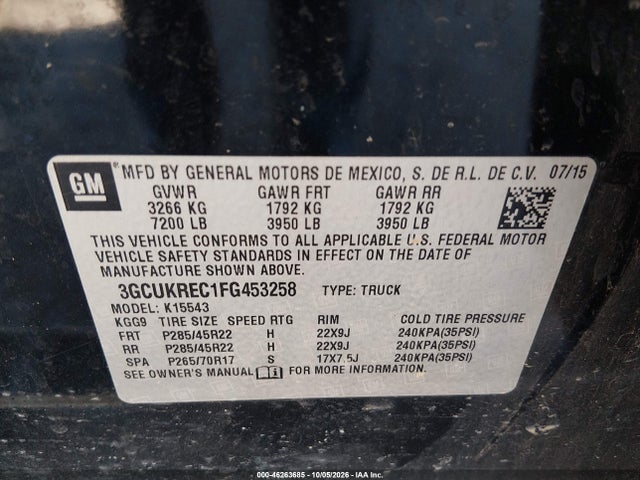 Aukcja sprzedaży 2015 Chevrolet Silverado 1500 1lt, vin: 3GCUKREC1FG453258, numer aukcji: 46263685