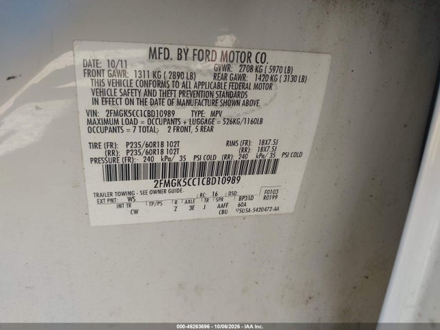2012 Ford Flex Sel მანქანა იყიდება აუქციონზე, vin: 2FMGK5CC1CBD10989, აუქციონის ნომერი: 46263696