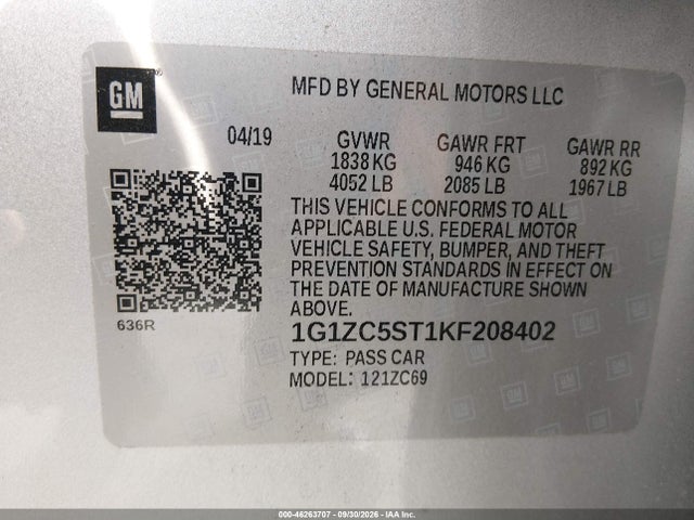 46263707 :رقم المزاد ، 1G1ZC5ST1KF208402 vin ، 2019 Chevrolet Malibu 1fl مزاد بيع
