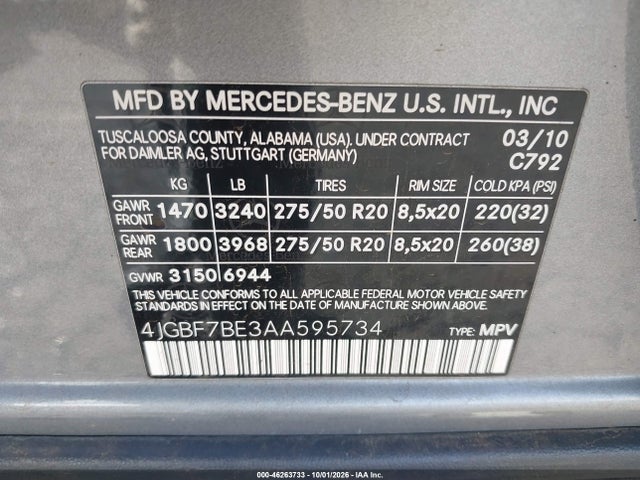 2010 Mercedes-benz Gl 450 4matic მანქანა იყიდება აუქციონზე, vin: 4JGBF7BE3AA595734, აუქციონის ნომერი: 46263733