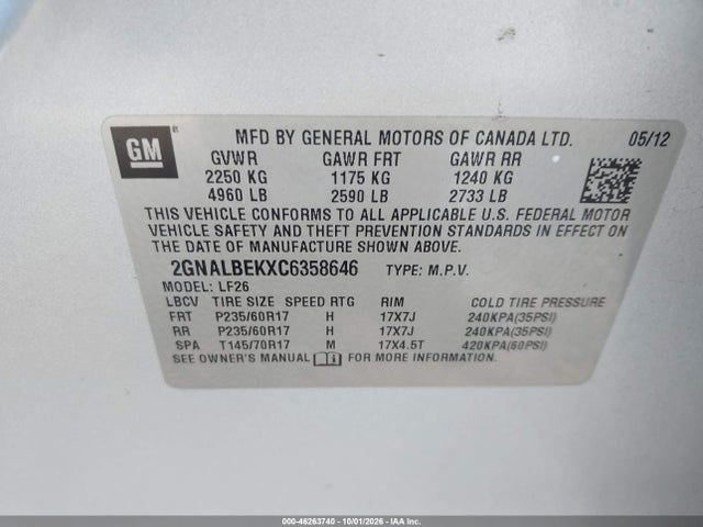 Aukcja sprzedaży 2012 Chevrolet Equinox Ls, vin: 2GNALBEKXC6358646, numer aukcji: 46263740
