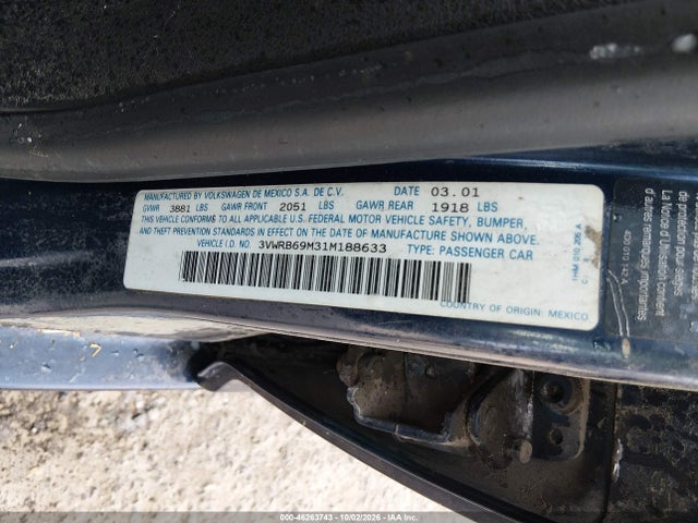 Продажа на аукционе авто 2001 Volkswagen Jetta Gl, vin: 3VWRB69M31M188633, номер лота: 46263743