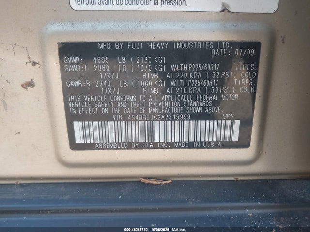 Aukcja sprzedaży 2010 Subaru Outback 3.6r Limited, vin: 4S4BREJC2A2315999, numer aukcji: 46263752