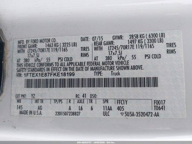 2015 Ford F-150 Xl მანქანა იყიდება აუქციონზე, vin: 1FTEX1E87FKE18199, აუქციონის ნომერი: 46263757
