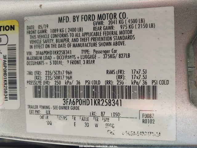 Продажа на аукционе авто 2019 Ford Fusion Se, vin: 3FA6P0HD1KR258341, номер лота: 46263764