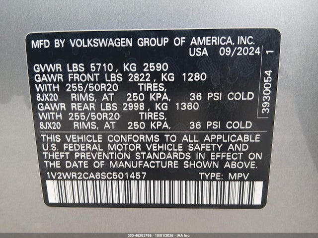 Продаж на аукціоні авто 2025 Volkswagen Atlas 2.0t Se W/technology, vin: 1V2WR2CA6SC501457, номер лоту: 46263766
