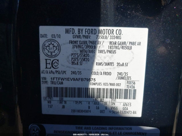 Продаж на аукціоні авто 2010 Ford F-150 Fx4/harley-davidson/king Ranch/lariat/platinum/xl/xlt, vin: 1FTFW1EV9AFB79575, номер лоту: 46263771